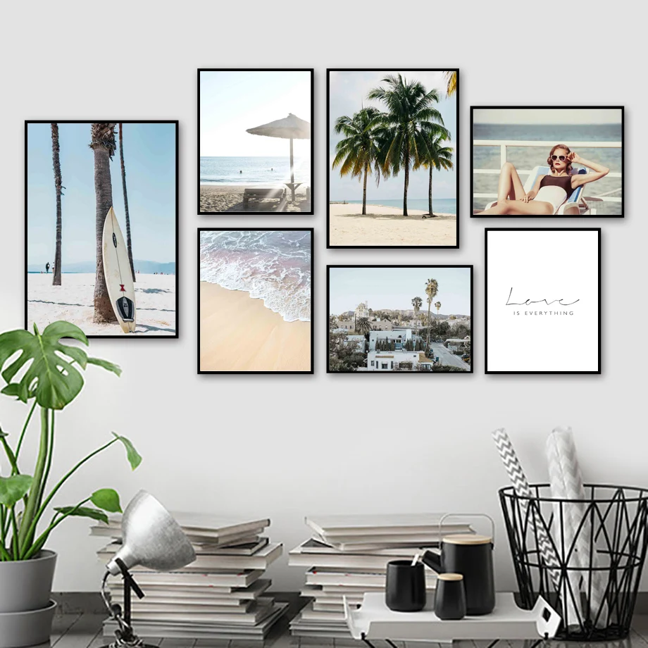 

Palm Surfboard Woman Beach Island Scenery Wall Art Canvas Painting Nordic Posters And Prints Wall Pictures For Living Room Decor