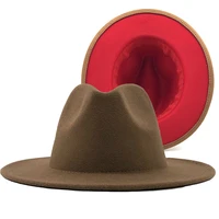 outer khaki hot inner red wool felt jazz fedora hats with thin belt buckle men women wide brim panama trilby cap 56 58 60cm