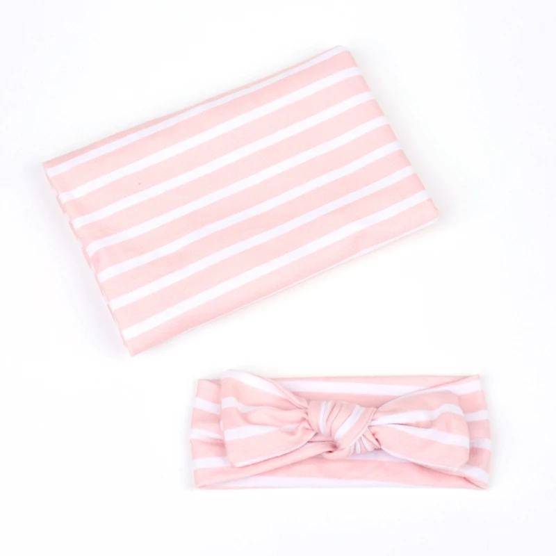 

Baby Stripe Pattern Receiving Blanket Headband Set Infant Muslin Swaddle Wrap