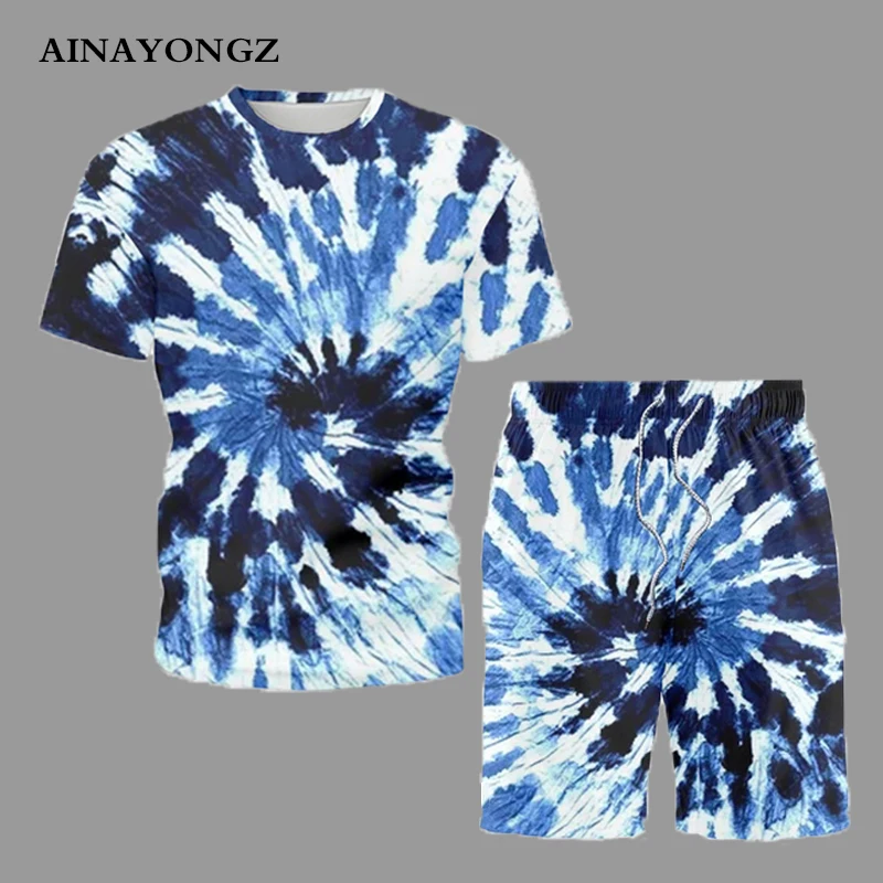 Creativity Oily Ink Print Summer Men Set 2022 New Fashion Youth T-Shirt Suit Male Daily Casual Short Sleeve and Shorts Outfit