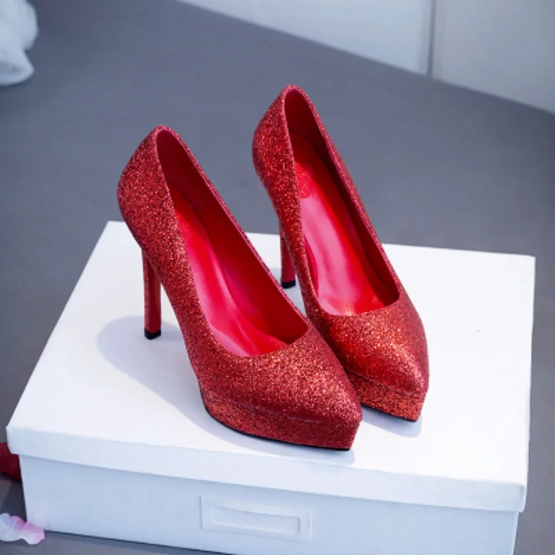 2019 сезон весна осень красное женское с пайетками свадебные туфли украшениями в