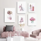 Модный настенный постер с розовыми цветами, парфюм, Эйфелева башня, печать на холсте, современные настенные картины для комнаты девушки