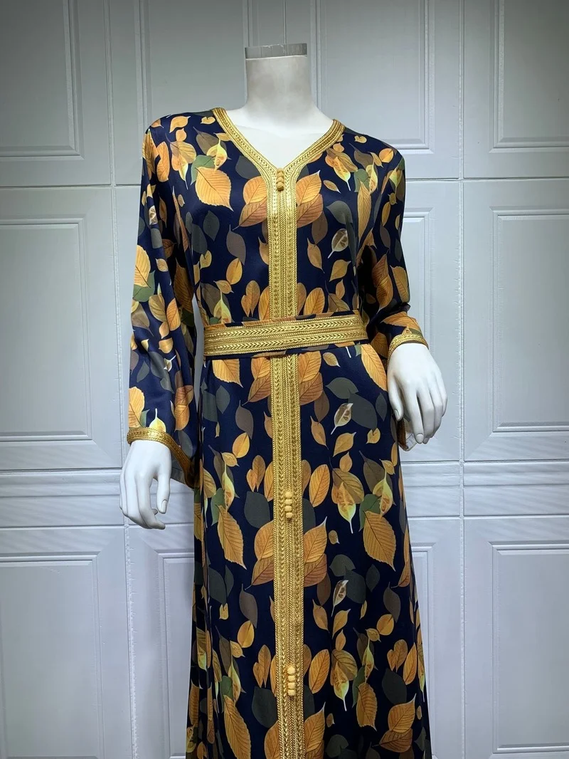 Ethnic Print Maxi Dress Jalabiya Women Loose Long Sleeve Muslim Abaya Dubai Morroco Kaftan Middle East Arabic Clothes