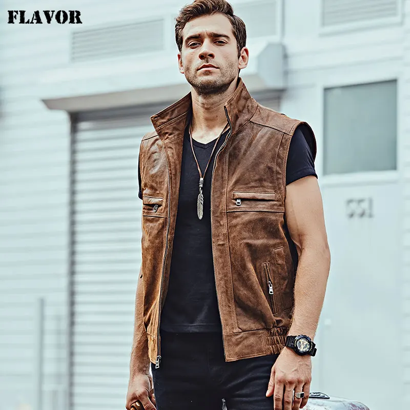 Brown Мужской мотоциклетный жилет из натуральной кожи - Цвет: Brown