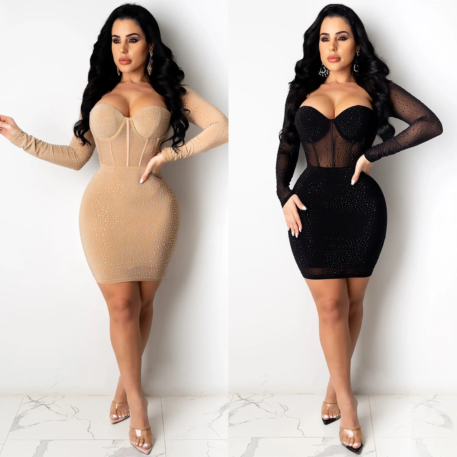 

Crystal Bodycon Dress Women Party Dress Mini 2021 New Arrivals Long Sleeve Bodycon Dress Celebrity Evening Club Dress