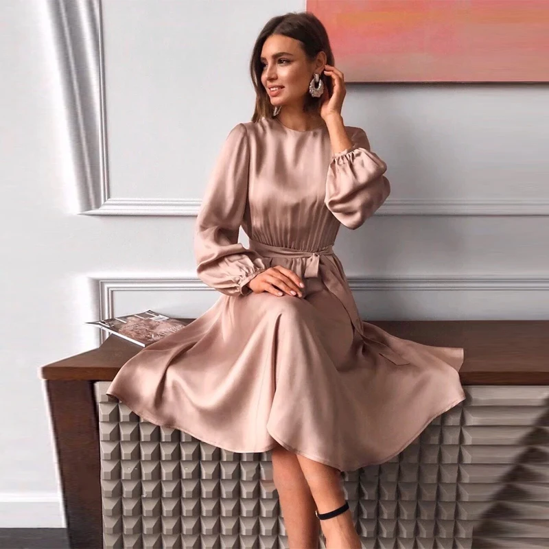 

Women Vintage Sashes Satin A-line Dress Lantern Sleeve O neck Solid Elegant Casual Party Dress 2021 Summer OL New Fashion Dress