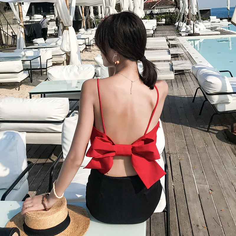 Thailand tide 2021 spring and summer new seaside holiday one line collar leaky back suspender shirt dimensional bow