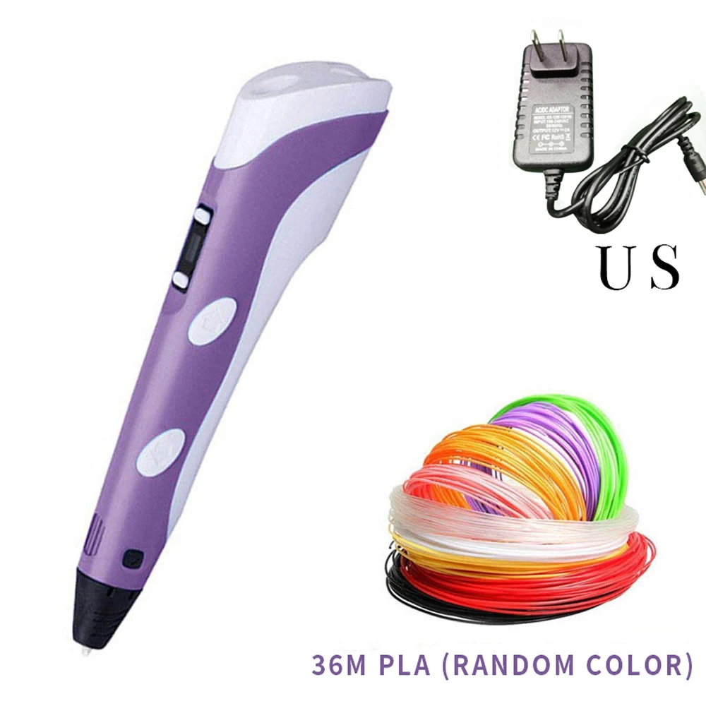 purple 36m US Креативная 3d-ручка с PLA нитями, регулируемая температура, Нетоксичная ручка для рисования, детские подарки на день рождения, обучающая игрушка - Цвет: purple 36m US