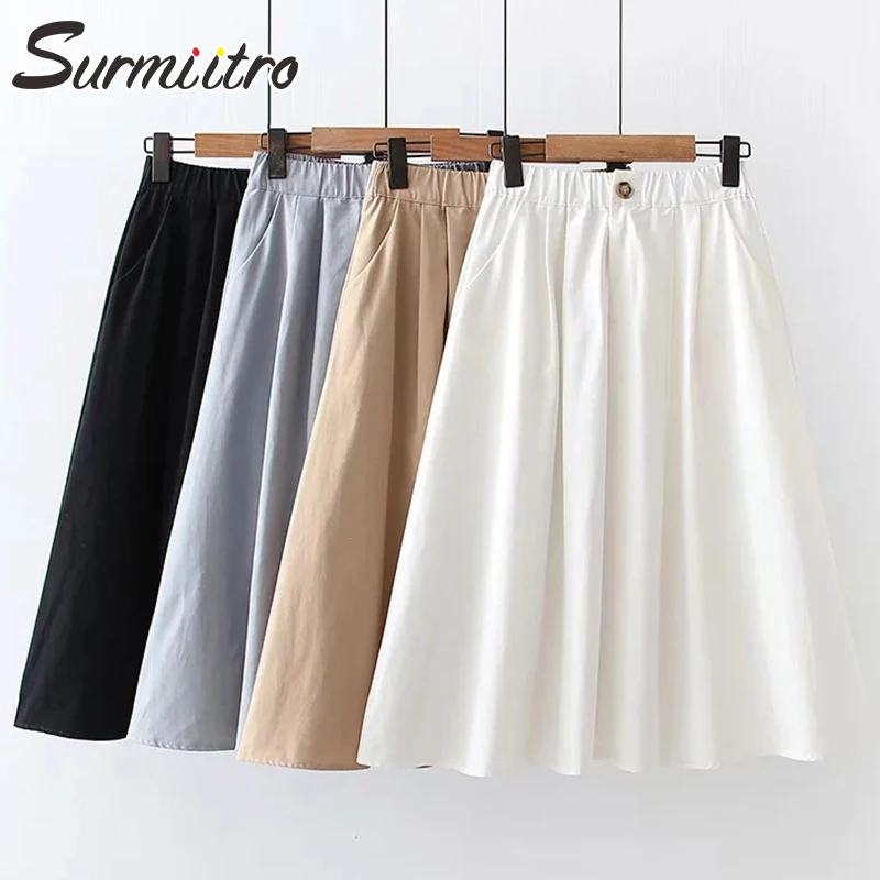 

Юбка SURMIITRO Женская средней длины с завышенной талией, хлопковая школьная трапециевидная в Корейском стиле, белая черная синяя, весна-лето 2021