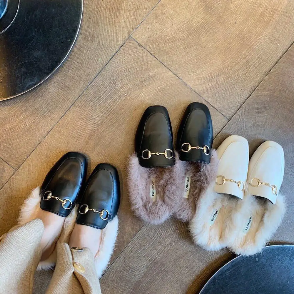 Женские меховые мюли без застежки на низком каблуке с квадратным носком теплая
