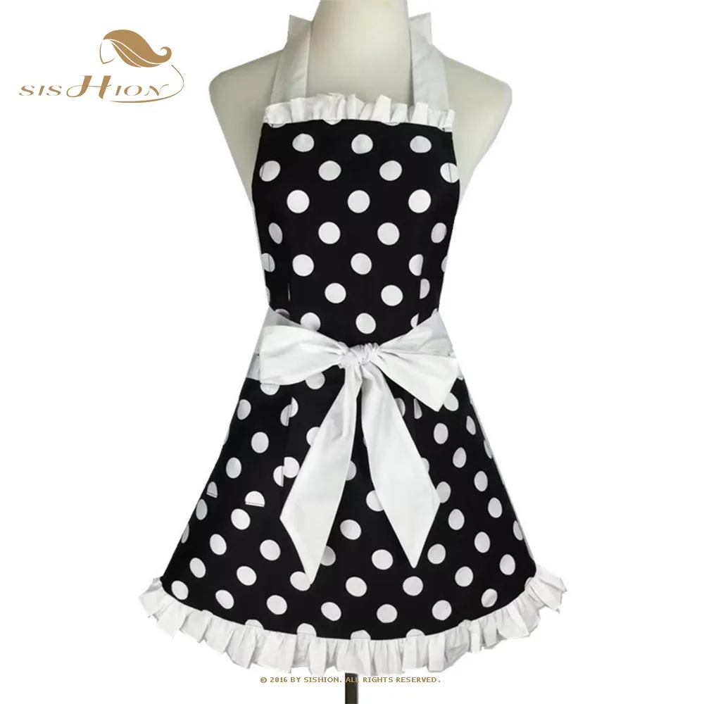 

Хлопковое платье-фартук SISHION, кокетливый винтажный кухонный женский фартук в горошек с кружевным карманом, рабочий регулируемый Фартук SP1561