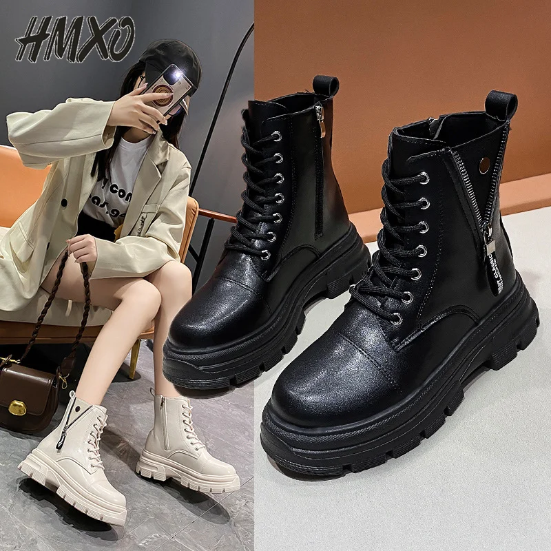 

HMXO Martin Boots Women Lace-up Zipper Thick-soled Knight Boots British Style Increased Locomotive Short Casual Women Boots