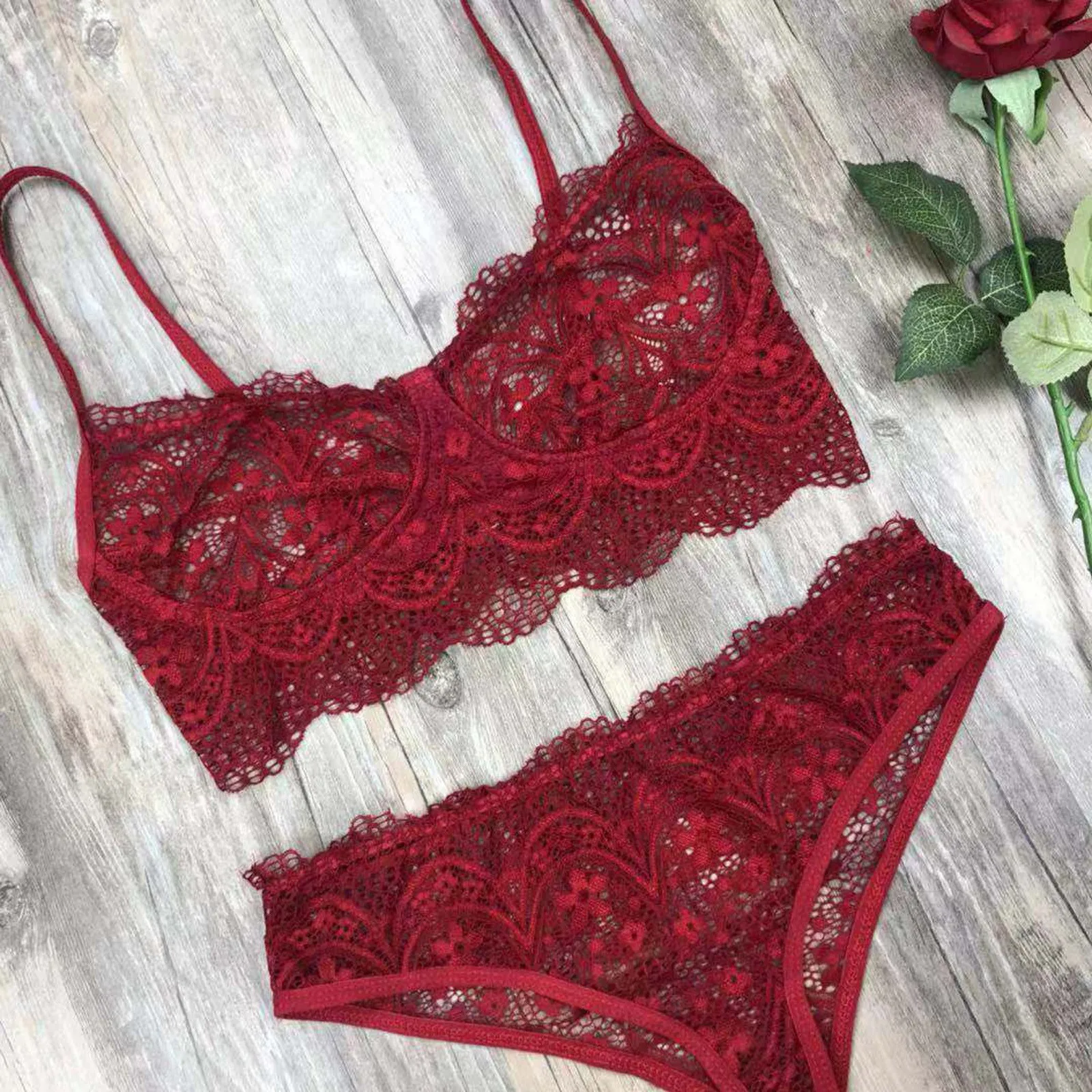 

2-Piece Lace Bra Set Solid Color Women Floral Transparent Bra Underwire + Panty Lingerie Set Fashion Sexy Babydoll Underwear