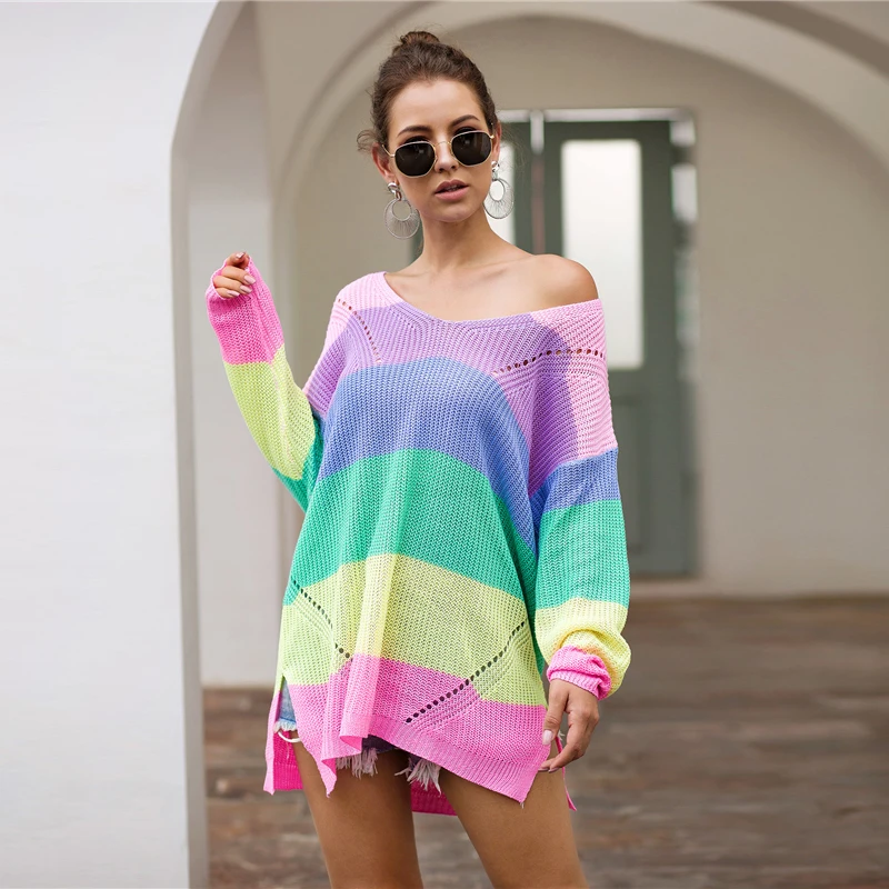SHEIN Радуга Полосатый Падение плеча Длинный свитер женские топы осень уличная одежда с длинным рукавом V шеи негабаритных Сплит свитера