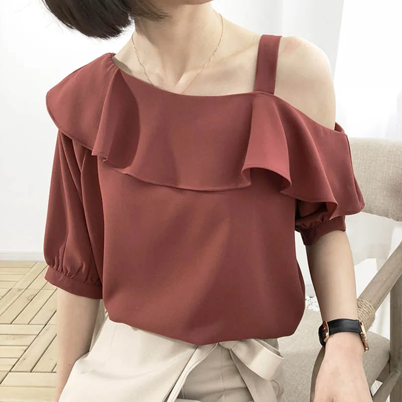 

Summer new single shoulder with lotus collar short sleeve chiffon WTX44