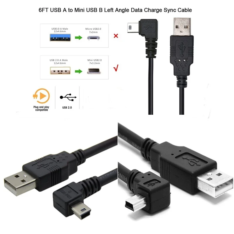 Кабель для передачи данных Mini USB Тип B 5-контактный штекер левый правый угол 90