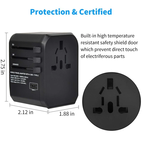 Международный дорожный адаптер Yarrashop Универсальный питания с 4 USB + 1 Type C зарядными