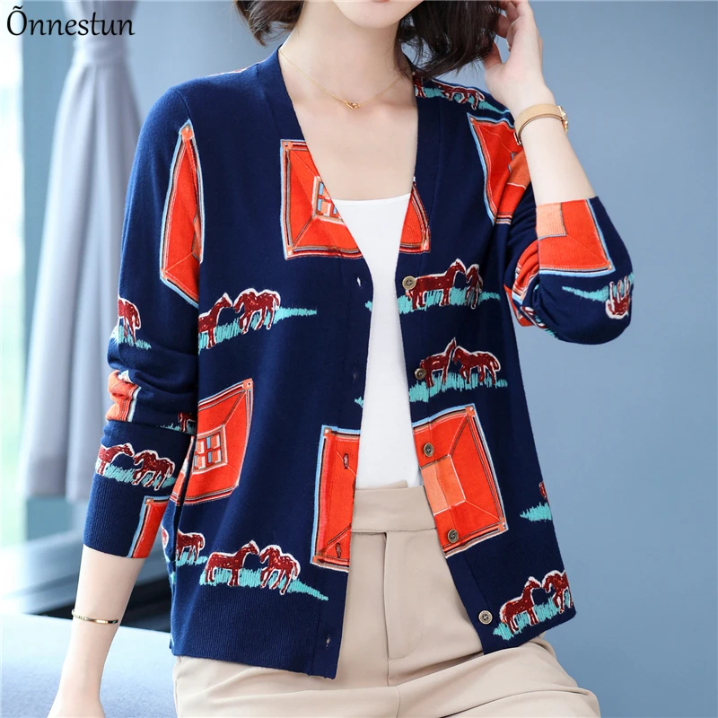

Floral Print Female Cardigan Autumn Spring Single-breasted Knitted Sweaters Top Korean Fashion V Neck Soft Cardigans Women