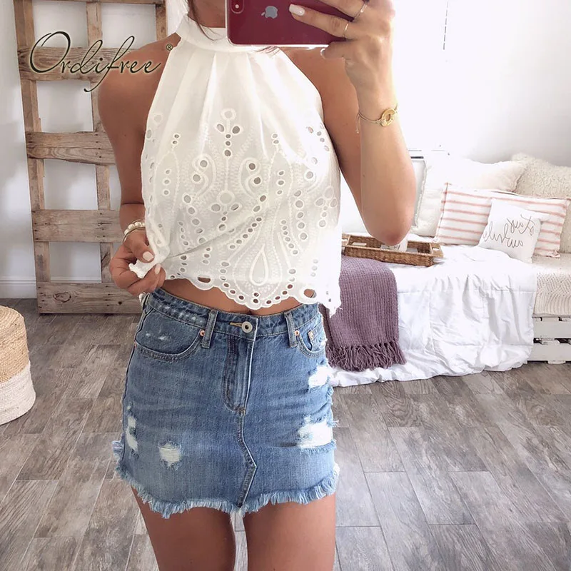 

Ordifree 2021 Summer Women Off Shoulder Sexy Tops Short Shirts Cotton White Lace Embroidery Blouse