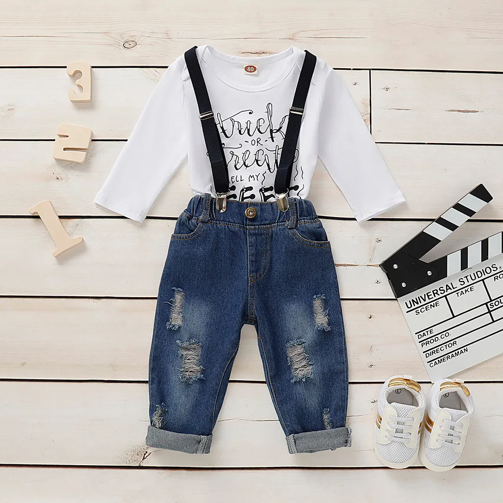 Toddler Kids Baby Boys Letter Shirt Tops+Denim Pants Overalls Gentleman Suit roupas infantis menina high quality W1010 |