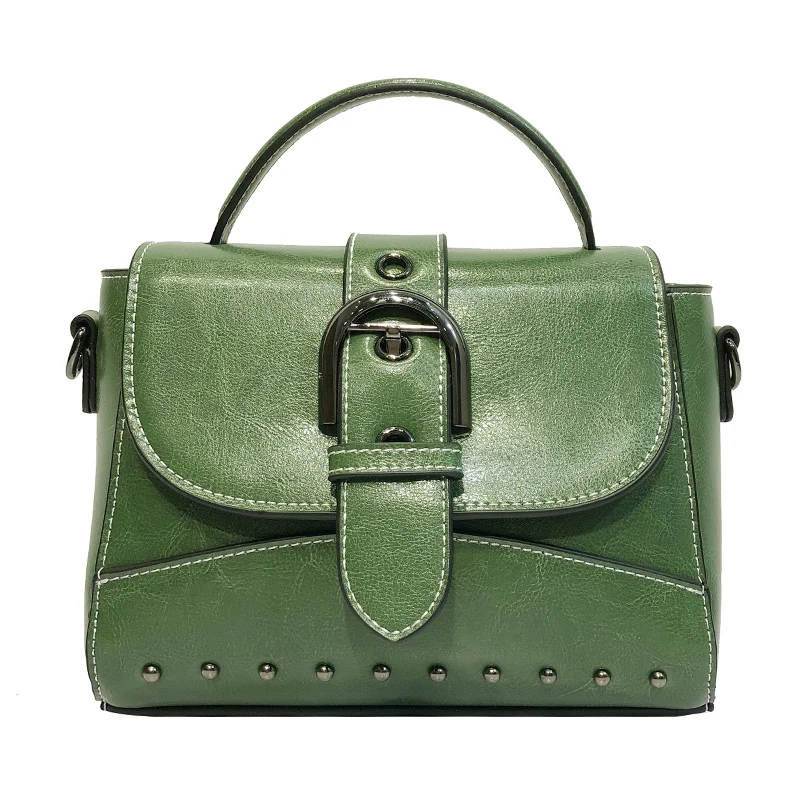 

Genuine Leather Women Handbag Burnished Leather Female Shoulder Bag Rivet Fashion Belt Decoration High Quality Luxury Lady Bag