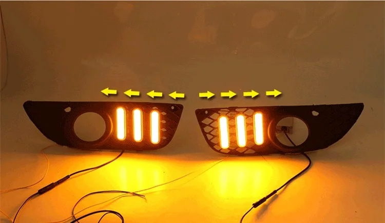 eOsuns led drl daytime running light +fog lamp for Mitsubishi Lancer-ex 2010-2012 with yellow turn signals and blue night |