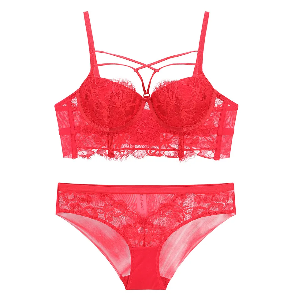 

Leechee Lace Sexy Underwear Set Widened Side Wings Push Up Lingerie Back Closure Steel Ring 3/4 Cup Thick Under Thin Bra Suit