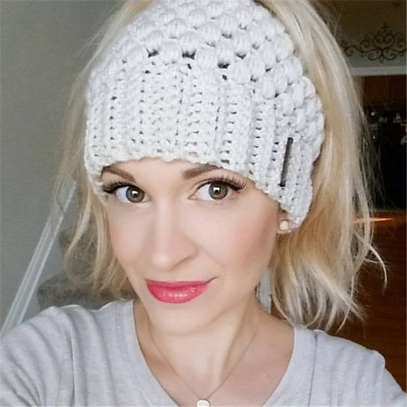 

Women's Winter Wool Knitted Hat Ear Protection Empty top Ponytail Bonnet Outdoor Sports Fashion Cap Accessories Color Optional