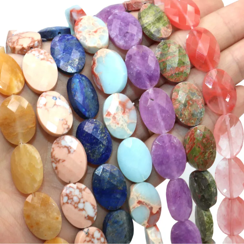 

Faceted Natural Quartz Agates Lapis Lazuli Amazonite Stone Oval Shape Spacer Beads For Jewelry Making Charm DIY Bracelet