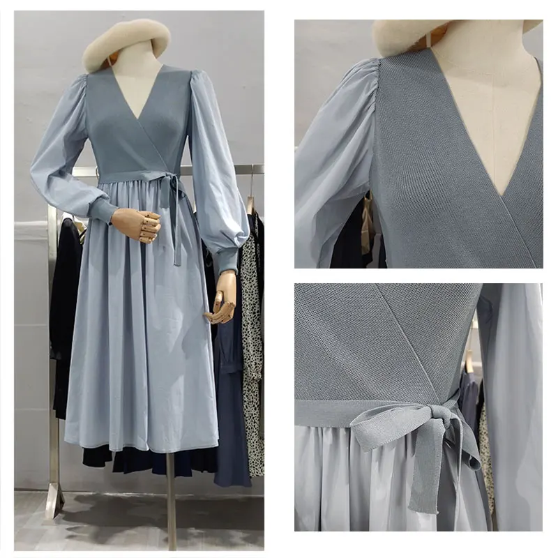 

Korean Patchwork Knitted Dress Women Spring Puff Sleeve Long Dress Streetwear Fake Two Piece Elegant dress vestidos