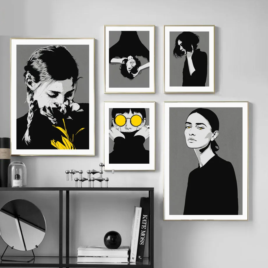 Настенные художественные картины на холсте с желтыми очками модные черно белые