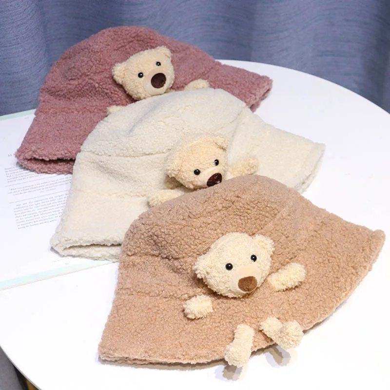 Hat Autumn Winter Women New Three-Dimensional Bear Bucket Hats Fashion Lmitate Lambswool Student Lovely Keep Warm Cap QDKPOTC