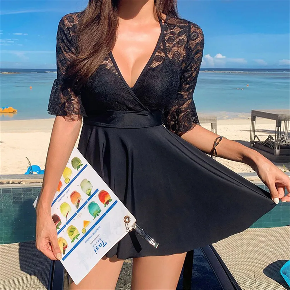 Sexy Lace One Piece Swimsuit Women Solid Swimwear Short Sleeve Monokini Push Up Swim Suit Skirt Trikini Pad Bathing Black |