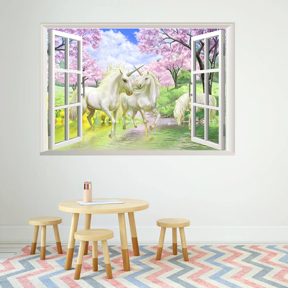 Настенные 3D стикеры с изображением белого единорога домашний декор ПВХ имитация