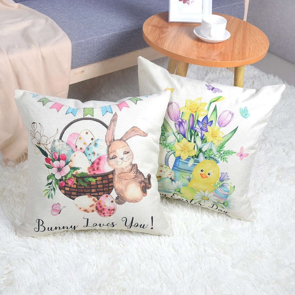 2022 spring easter home decor cushion cover square linen pillow cover 18x18 inch cartoon bunny easter eggs printed pillowcase free global shipping