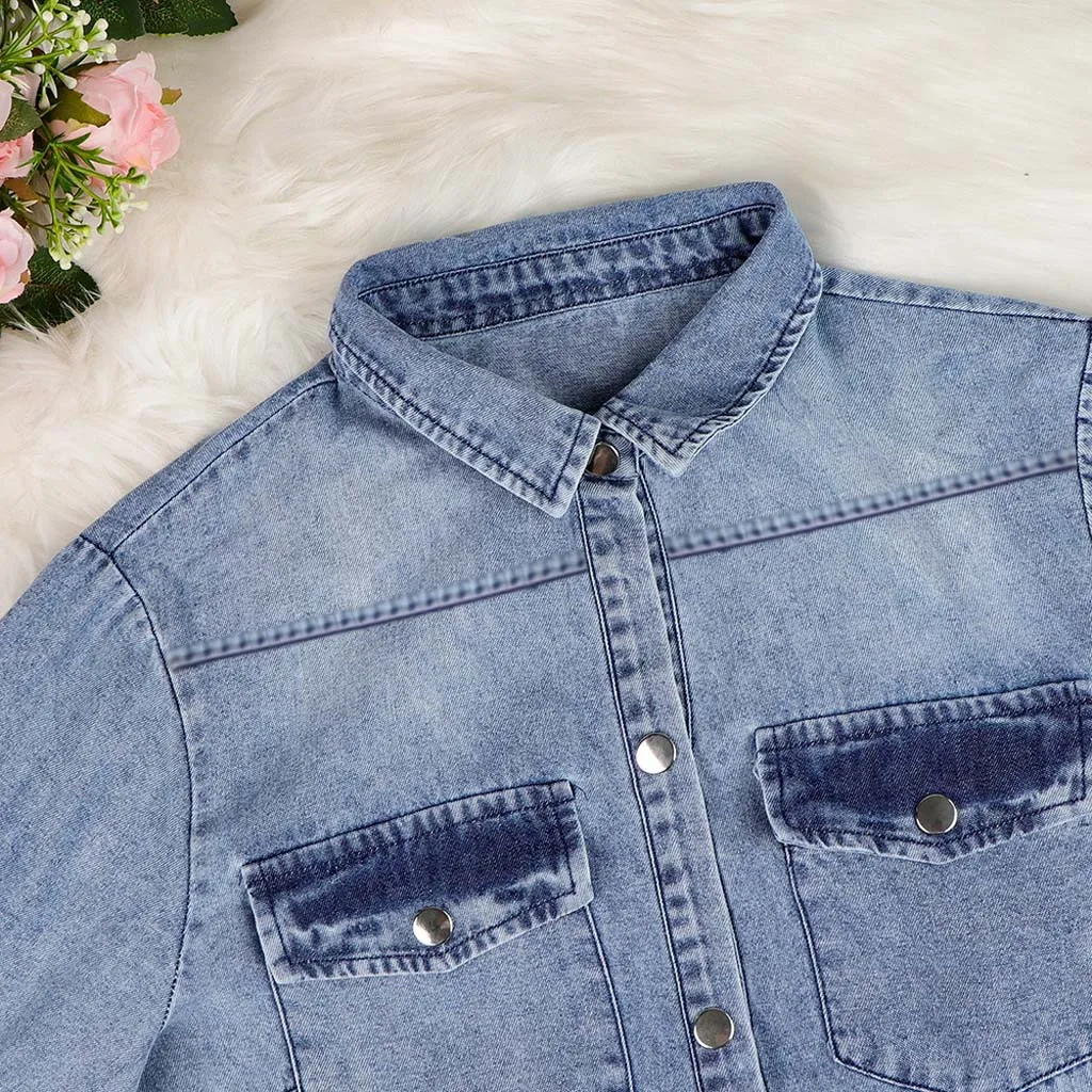 Женское джинсовое платье-мини с отложным воротником длинным рукавом | Женская