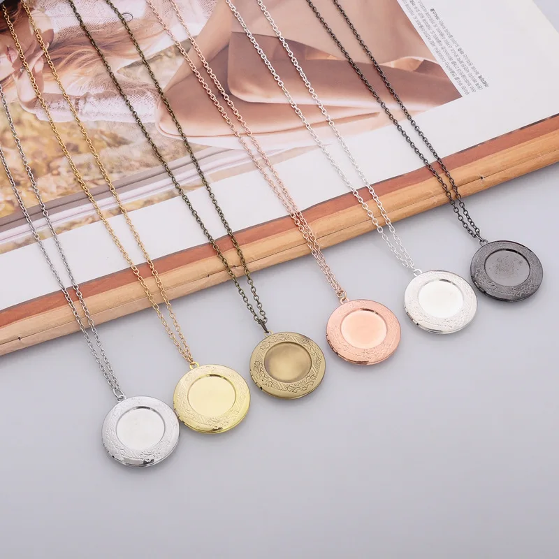 

Memory Photo Pendant Jewelry Vintage Copper Carved Flower Photo Locket Necklace Fashion Women Romantic Accessories