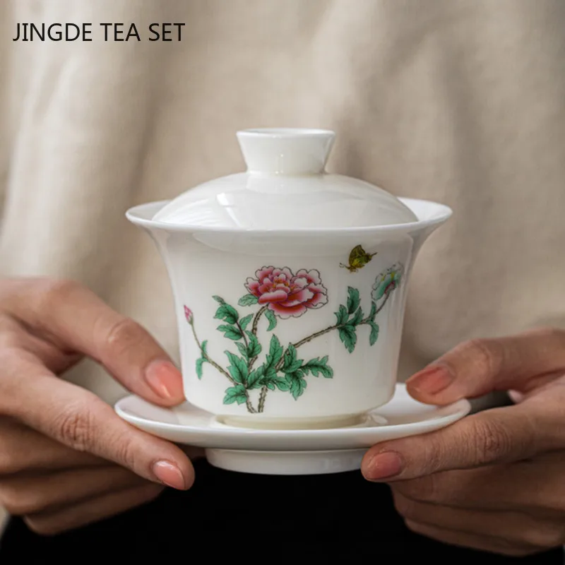 

Китайский нефритовый белый фарфор чайная чашка Gaiwan ручная роспись цветочный узор керамический чай Tureen домашний чай посуда для напитков дор...