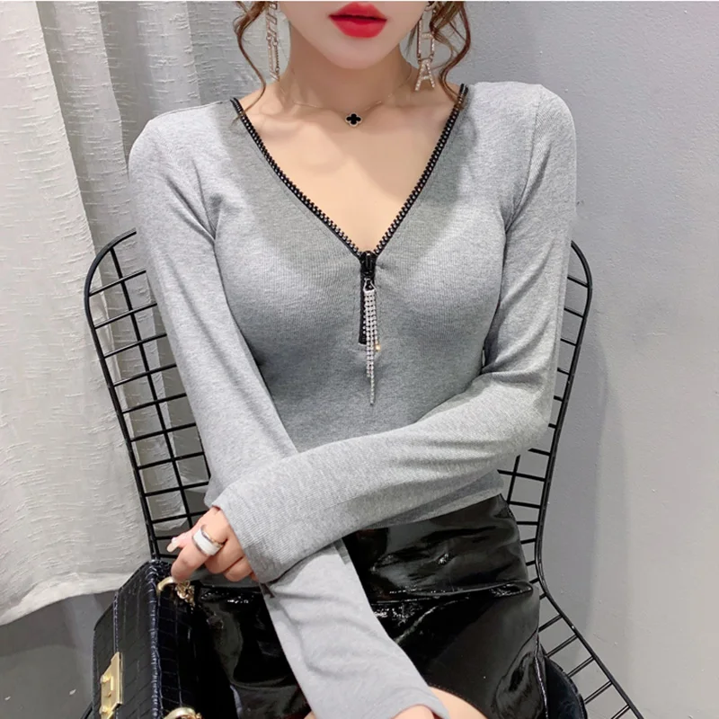 New Casual Solid Color 2021 Spring Long Sleeve Women's Tshirts Fashion V-neck Ziper Woman T-shirts Plus Size Blusas | Женская одежда