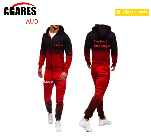 red For Men's Design Logo Hoodies Harajuku Man Gradient color Hooded Fleece zipper Jacket Sweatshirt Sweatpants Suit 2pcs - Цвет: red