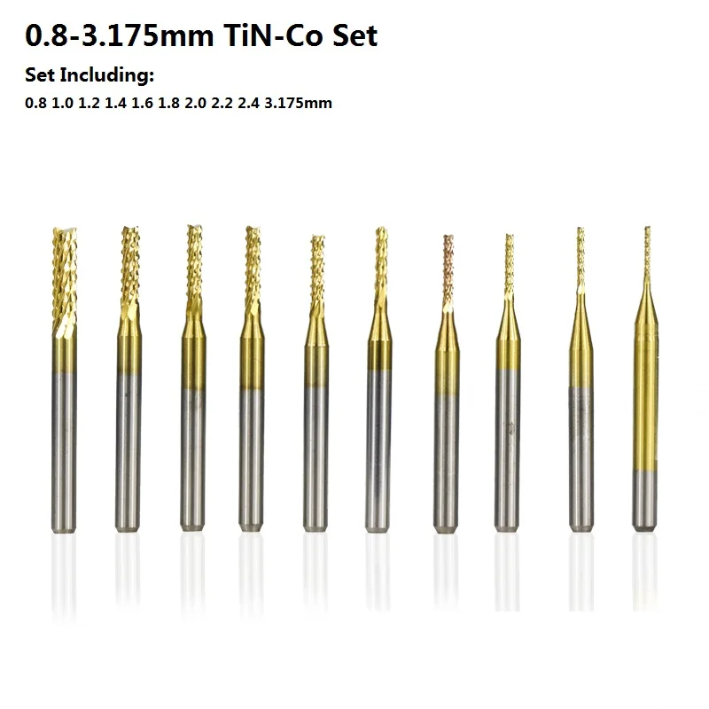 0.8-3.175mm Titanium 10 шт. 0,8-3,175 мм PCB фреза с титановым покрытием ЧПУ Набор бит Карбид Концевая фреза ЧПУ Концевая фреза - Длина режущей кромки: 0.8-3.175mm Titanium