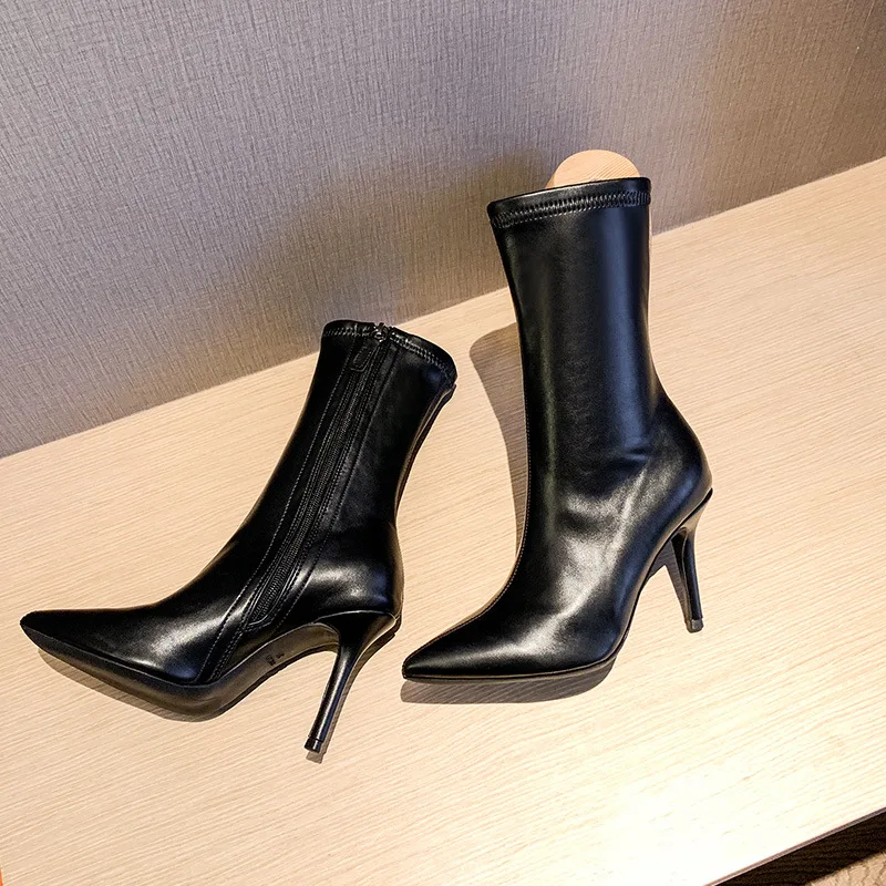 

white high heeled short boots women's autumn 2020 new Korean pointed thin heeled slim elastic boots mid Knight