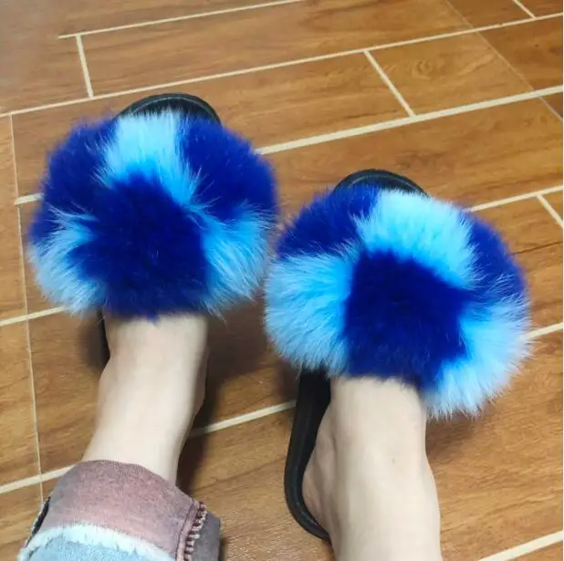 as pic shows 24 Women Fox Fur Slippers Real Fox Fur Slides Lovely Plush Slippers Woman Summer Home Sandals Women Fur Slides Furry Flip Flops Hot - Цвет: as pic shows 24