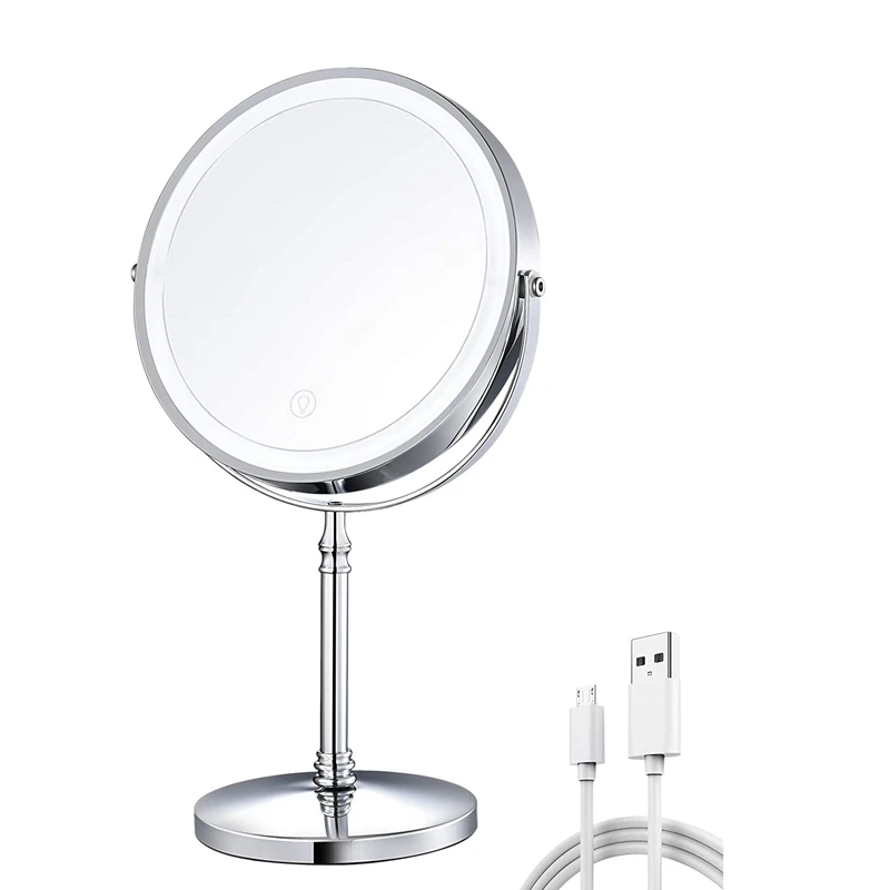 

Двойное зеркало для макияжа с 5-кратным увеличением, 7-дюймовое портативное светодиодное USB-освещение, косметическое настольное зеркало для ...