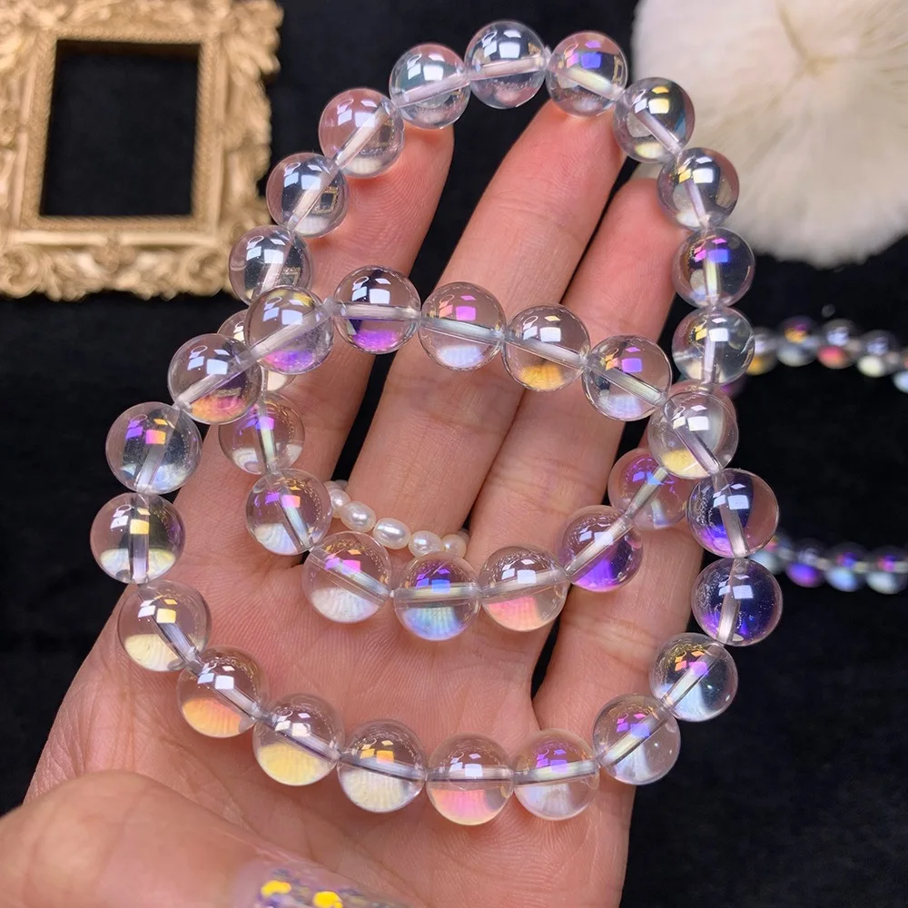 

Genuine Natural Rainbow White Quartz Clear Round Beads Bracelet 8mm 10mm Round Beads Bracelet Women Stretch AAAAAA