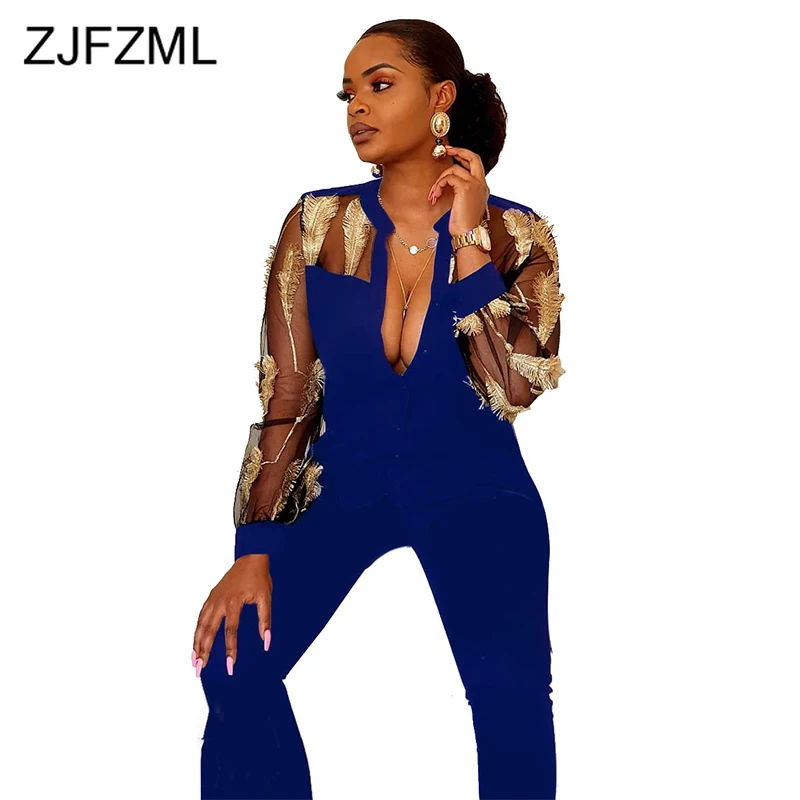 Пикантные сетчатые комбинезоны с вышивкой перьев женские офисные длинным