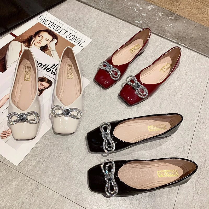 

Shallow Mouth Casual Woman Shoe Pearl Decorateion Square Toe Crystal Bow-Knot Female Footwear On Heels Wedding Beading New Rhine