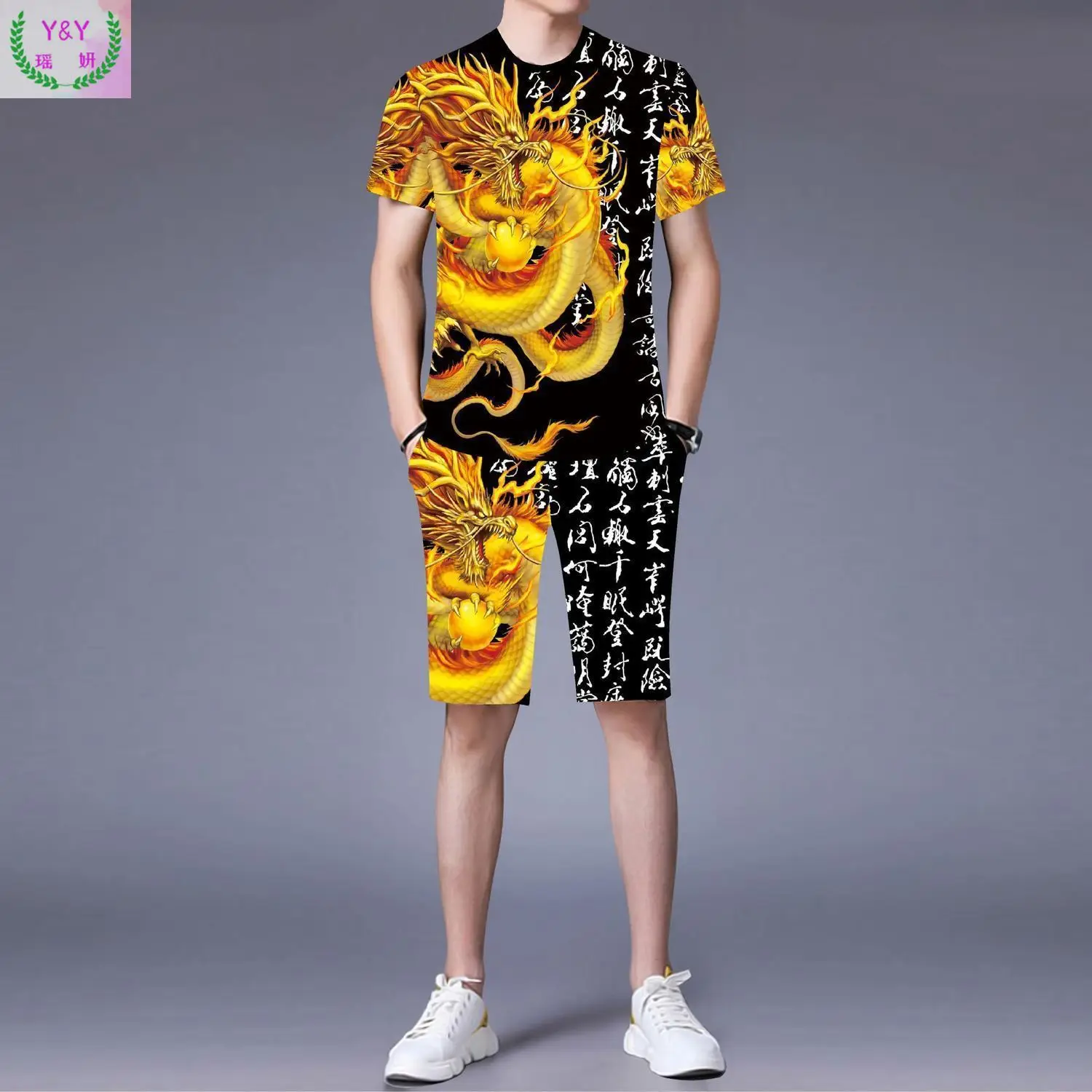

European Personality Printed Beach Pants Suit 5-point Pants Super Short Sleeve Loose Men's Casual Sports Summer Sleeve Style