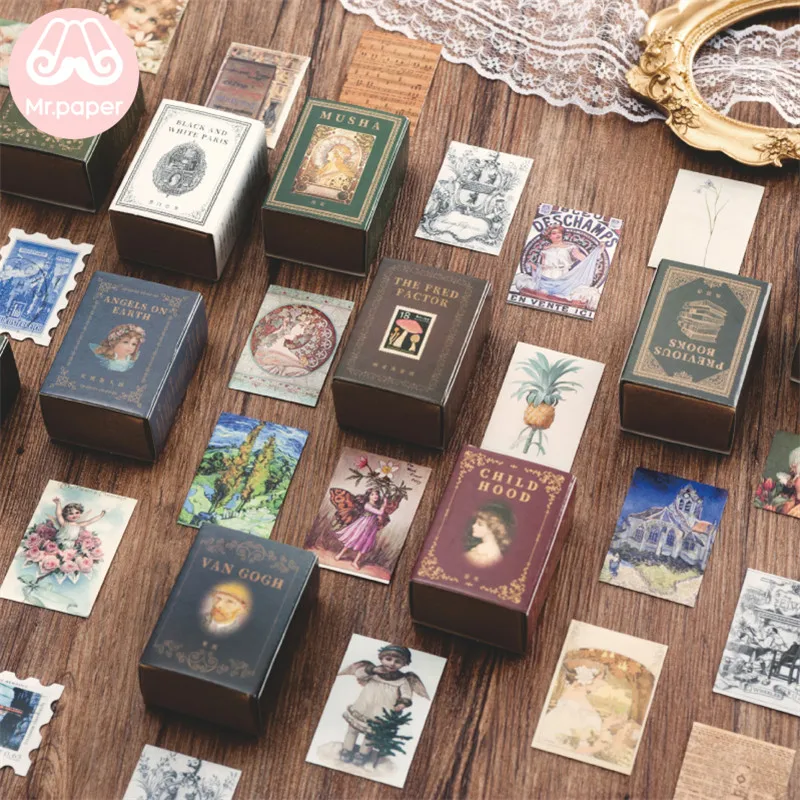 Mr.paper-Caja con tarjetas decorativas para manualidades, set vintage de 100 unidades de tarjetas para manualidades con recortes y decoración de diarios