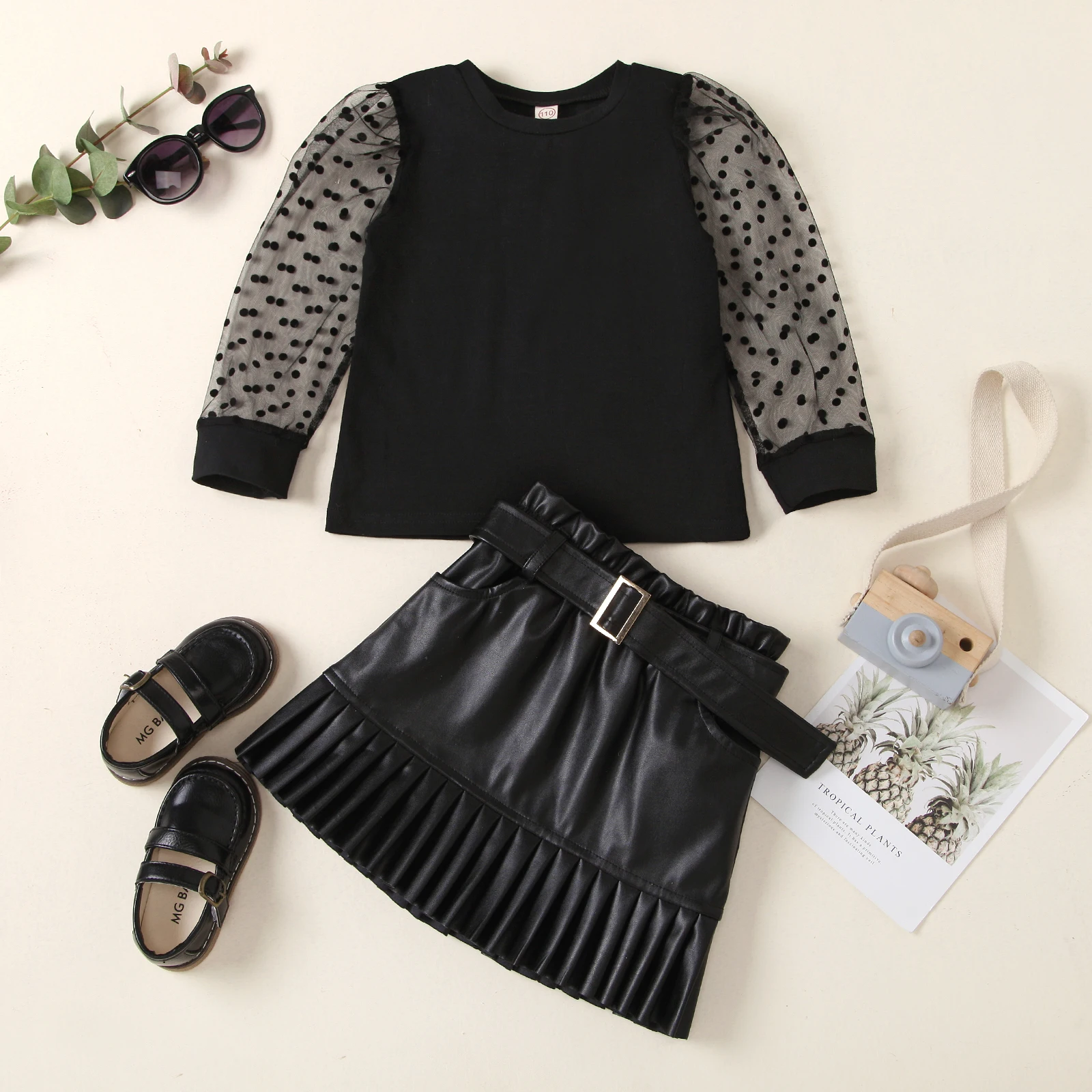 

2PCS Toddler Baby Girl Autumn Clothes Mesh Long Sleeve Crew Neck Shirt Tops + Black Belted Leather Skirt Set for 2-7 Years Girls